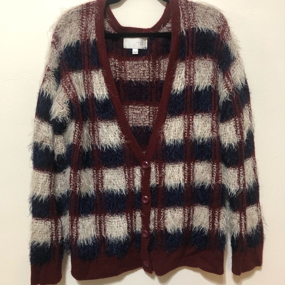 Fuzzy maroon, cream, and blue cardigan, size S